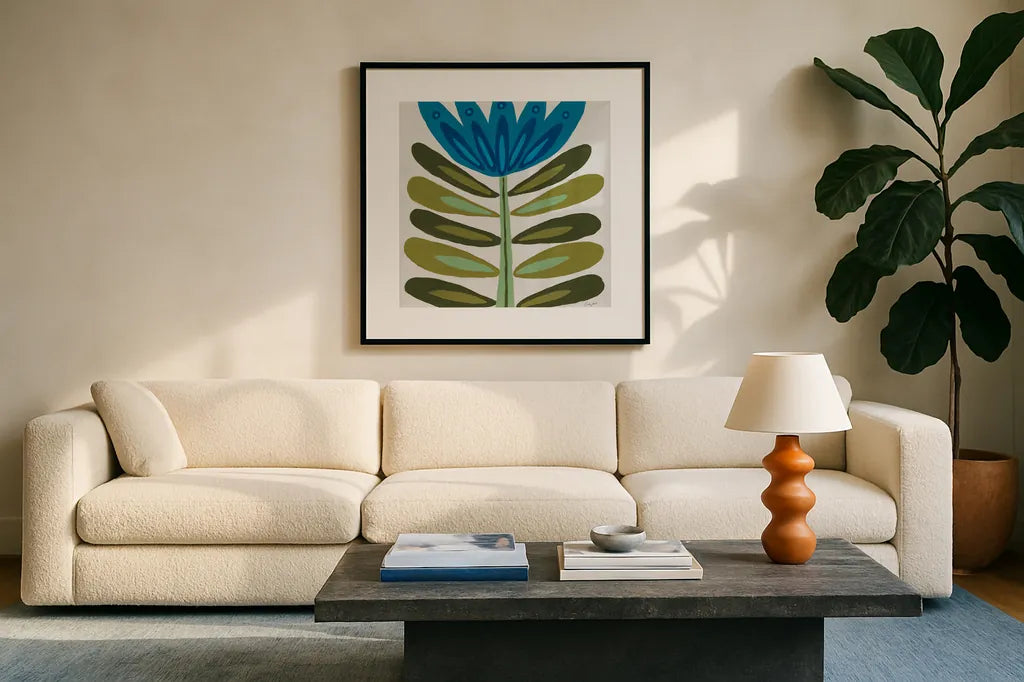 Folk Flower by Courtney Prahl. Displayed in a glass frame with matte in a clean modern living room. Available as an archival giclee rolled canvas, fine art paper, or poster print. SKU 96977a.
