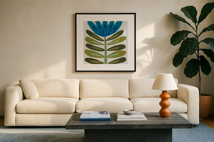 Folk Flower by Courtney Prahl. Displayed in a glass frame with matte in a clean modern living room. Available as an archival giclee rolled canvas, fine art paper, or poster print. SKU 96977a.