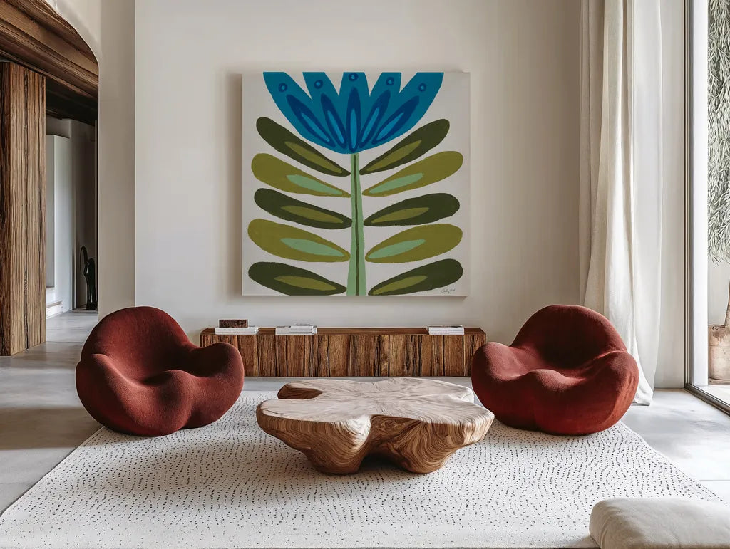 Folk Flower by Courtney Prahl. Shown as extra-large giant wall art in a modern living room. Available as an archival giclee rolled canvas, fine art paper, or poster print. SKU 96977a.