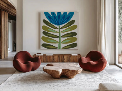 Folk Flower by Courtney Prahl. Shown as extra-large giant wall art in a modern living room. Available as an archival giclee rolled canvas, fine art paper, or poster print. SKU 96977a.