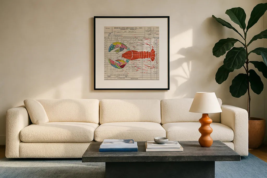 Fresh from the Sea II by Courtney Prahl. Displayed in a glass frame with matte in a clean modern living room. Available as an archival giclee rolled canvas, fine art paper, or poster print. SKU 12059a.