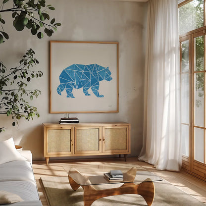 Geometric Animal I by Courtney Prahl. Shown in a natural wood frame in a cozy modern living room. Available as an archival giclee rolled canvas, fine art paper, or poster print. SKU 48979a.