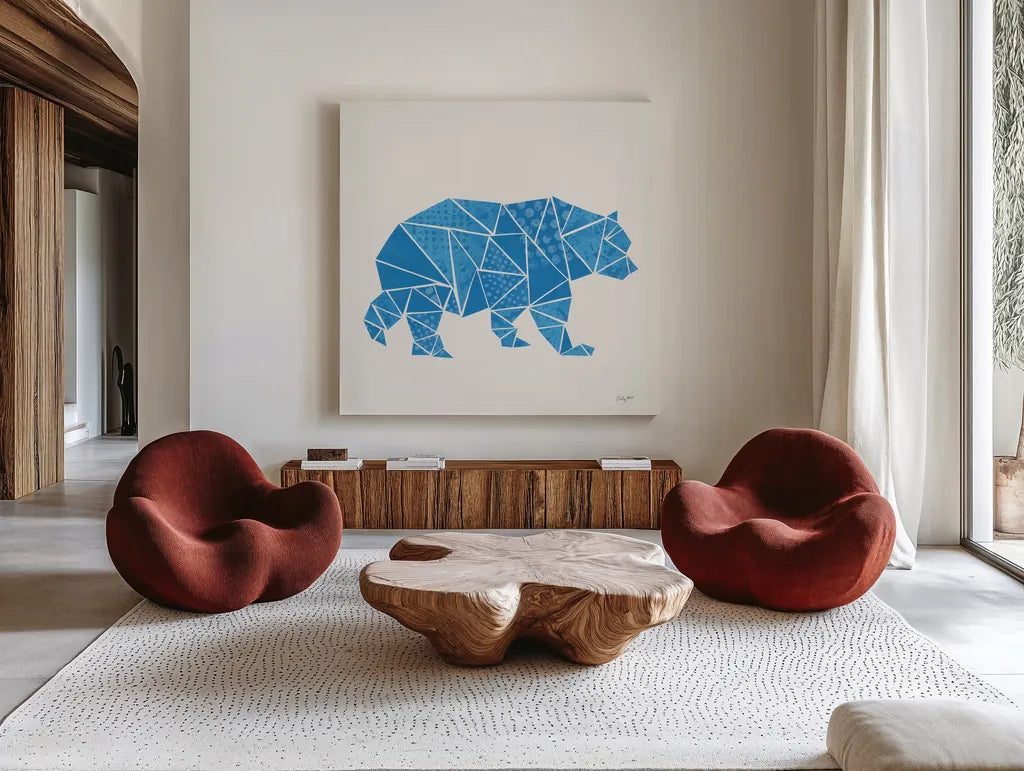 Geometric Animal I by Courtney Prahl. Shown as extra-large giant wall art in a modern living room. Available as an archival giclee rolled canvas, fine art paper, or poster print. SKU 48979a.