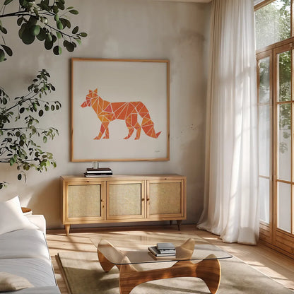 Geometric Animal II by Courtney Prahl. Shown in a natural wood frame in a cozy modern living room. Available as an archival giclee rolled canvas, fine art paper, or poster print. SKU 48980a.