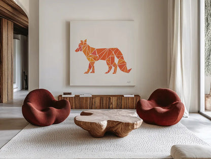 Geometric Animal II by Courtney Prahl. Shown as extra-large giant wall art in a modern living room. Available as an archival giclee rolled canvas, fine art paper, or poster print. SKU 48980a.