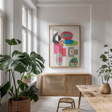 Geometric Collage by Courtney Prahl. shown as a print in a natural wood frame in a dining room. Available as a archival giclee rolled canvas, fine art paper, or poster print. SKU 52275h.