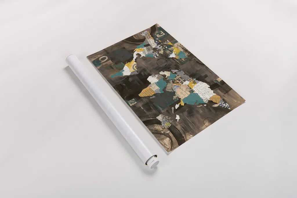 Golden World on Brown by Courtney Prahl. shown as a rolled paper print. Available as archival giclee rolled canvas, fine art paper, or poster print. SKU 29802i.