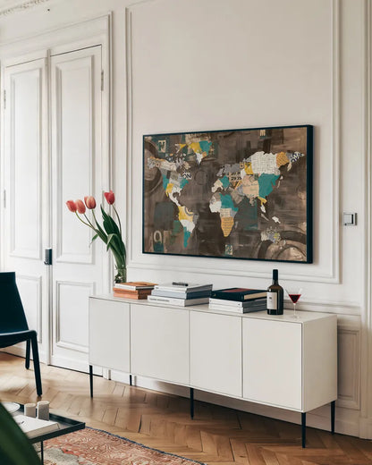 Golden World on Brown by Courtney Prahl. shown as a framed stretched canvas in a living room above a console. Available as a archival giclee rolled canvas, fine art paper, or poster print. SKU 29802i.
