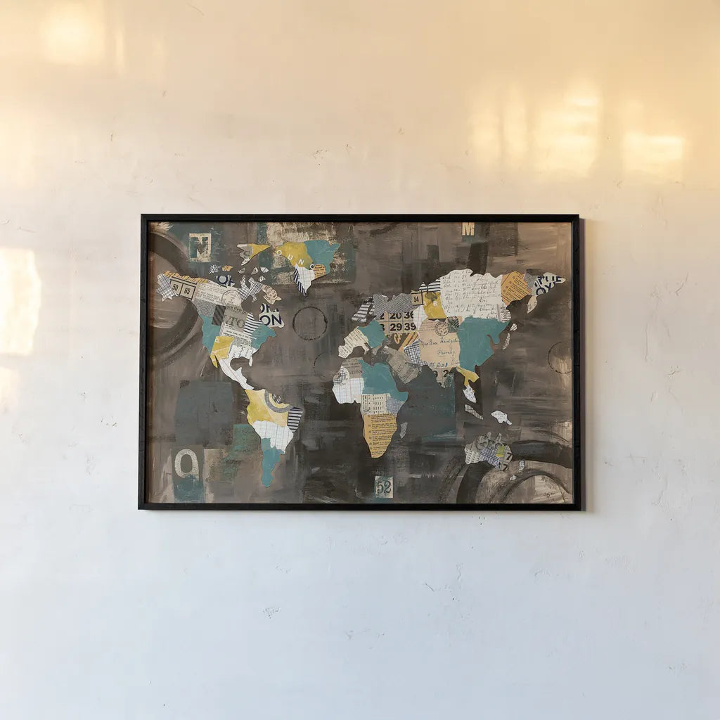 Golden World on Brown by Courtney Prahl. shown as a paper print in a black flame. Available as a archival giclee rolled canvas, fine art paper, or poster print. SKU 29802i.