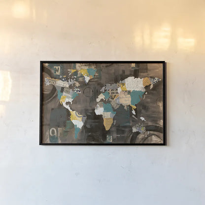 Golden World on Brown by Courtney Prahl. shown as a paper print in a black flame. Available as a archival giclee rolled canvas, fine art paper, or poster print. SKU 29802i.