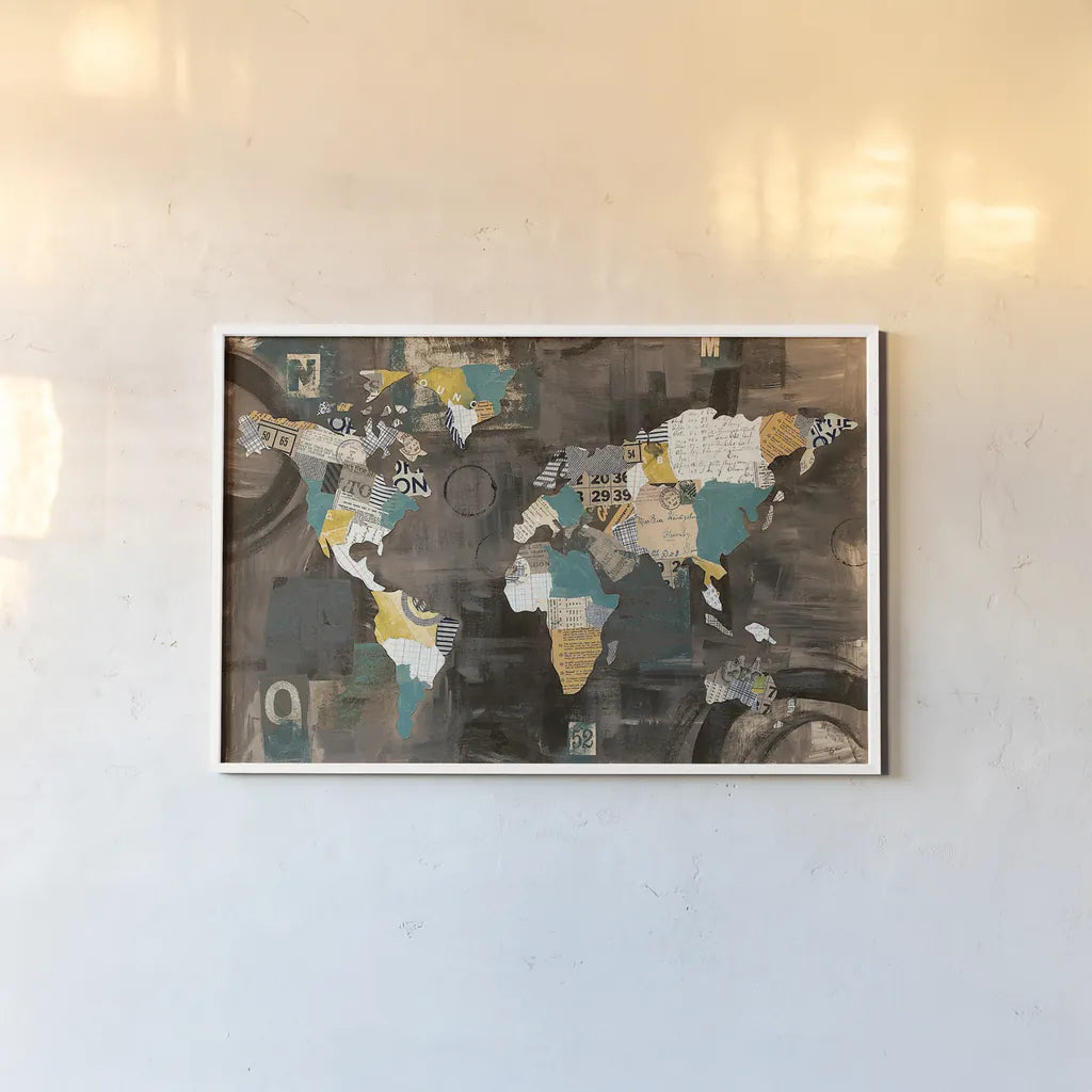 Golden World on Brown by Courtney Prahl. shown as a paper print in a white frame. Available as a archival giclee rolled canvas, fine art paper, or poster print. SKU 29802i.