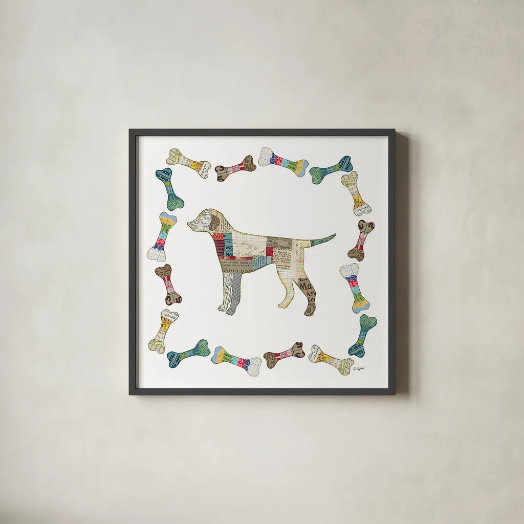 Good Dog II Sq with Border by Courtney Prahl. Shown in a sleek black glass frame for a contemporary gallery look. Available as an archival giclee rolled canvas, fine art paper, or poster print. SKU 25981a.