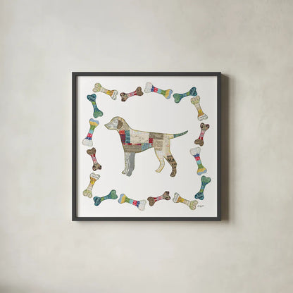Good Dog II Sq with Border by Courtney Prahl. Shown in a sleek black glass frame for a contemporary gallery look. Available as an archival giclee rolled canvas, fine art paper, or poster print. SKU 25981a.