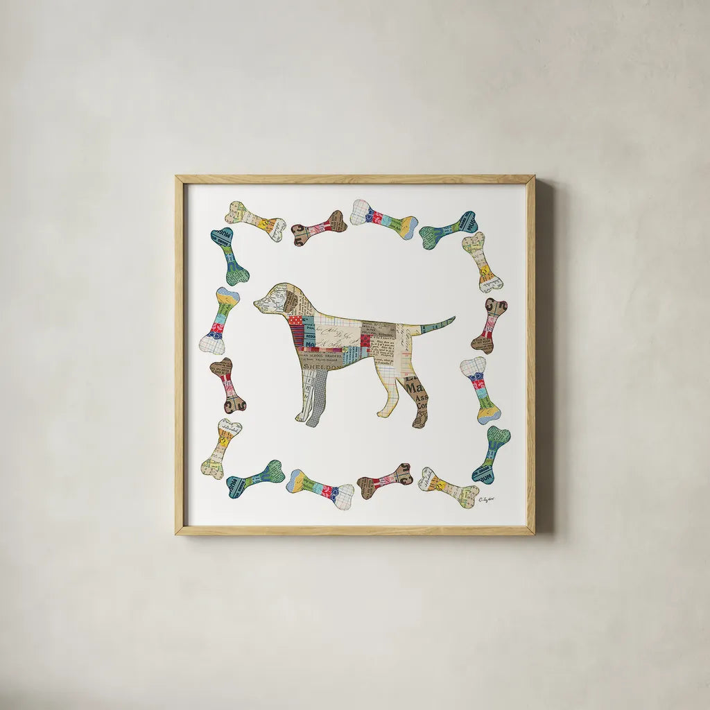 Good Dog II Sq with Border by Courtney Prahl. Shown in a natural wood glass frame for a timeless modern aesthetic. Available as an archival giclee rolled canvas, fine art paper, or poster print. SKU 25981a.