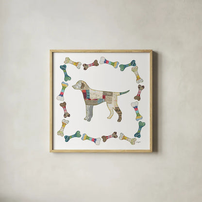 Good Dog II Sq with Border by Courtney Prahl. Shown in a natural wood glass frame for a timeless modern aesthetic. Available as an archival giclee rolled canvas, fine art paper, or poster print. SKU 25981a.