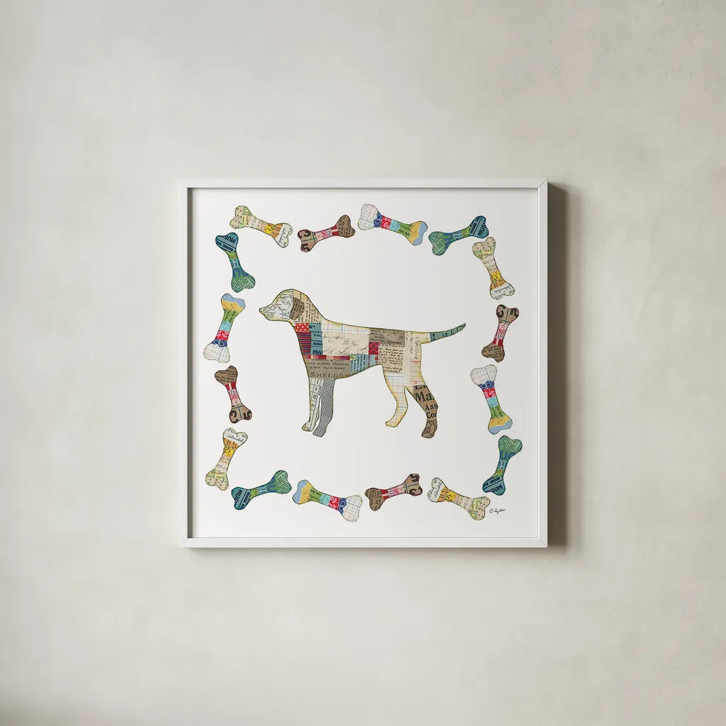 Good Dog II Sq with Border by Courtney Prahl. Shown in a crisp white glass frame for a clean and minimalist style. Available as an archival giclee rolled canvas, fine art paper, or poster print. SKU 25981a.