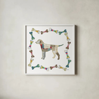 Good Dog II Sq with Border by Courtney Prahl. Shown in a crisp white glass frame for a clean and minimalist style. Available as an archival giclee rolled canvas, fine art paper, or poster print. SKU 25981a.