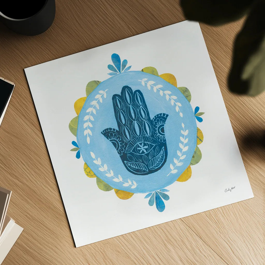 Hamsa Mandala I by Courtney Prahl. Shown as a detailed flat fine art print, highlighting archival giclee quality. Available as an archival giclee rolled canvas, fine art paper, or poster print. SKU 76297a.