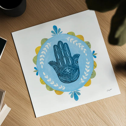Hamsa Mandala I by Courtney Prahl. Shown as a detailed flat fine art print, highlighting archival giclee quality. Available as an archival giclee rolled canvas, fine art paper, or poster print. SKU 76297a.