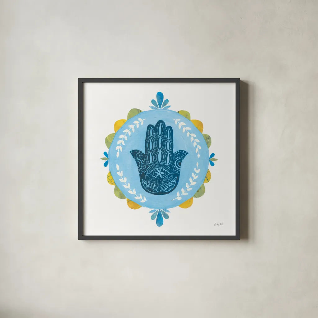 Hamsa Mandala I by Courtney Prahl. Shown in a sleek black glass frame for a contemporary gallery look. Available as an archival giclee rolled canvas, fine art paper, or poster print. SKU 76297a.