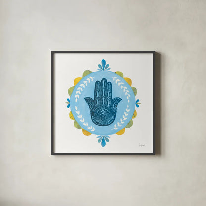Hamsa Mandala I by Courtney Prahl. Shown in a sleek black glass frame for a contemporary gallery look. Available as an archival giclee rolled canvas, fine art paper, or poster print. SKU 76297a.