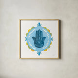 Hamsa Mandala I by Courtney Prahl. Shown in a natural wood glass frame for a timeless modern aesthetic. Available as an archival giclee rolled canvas, fine art paper, or poster print. SKU 76297a.