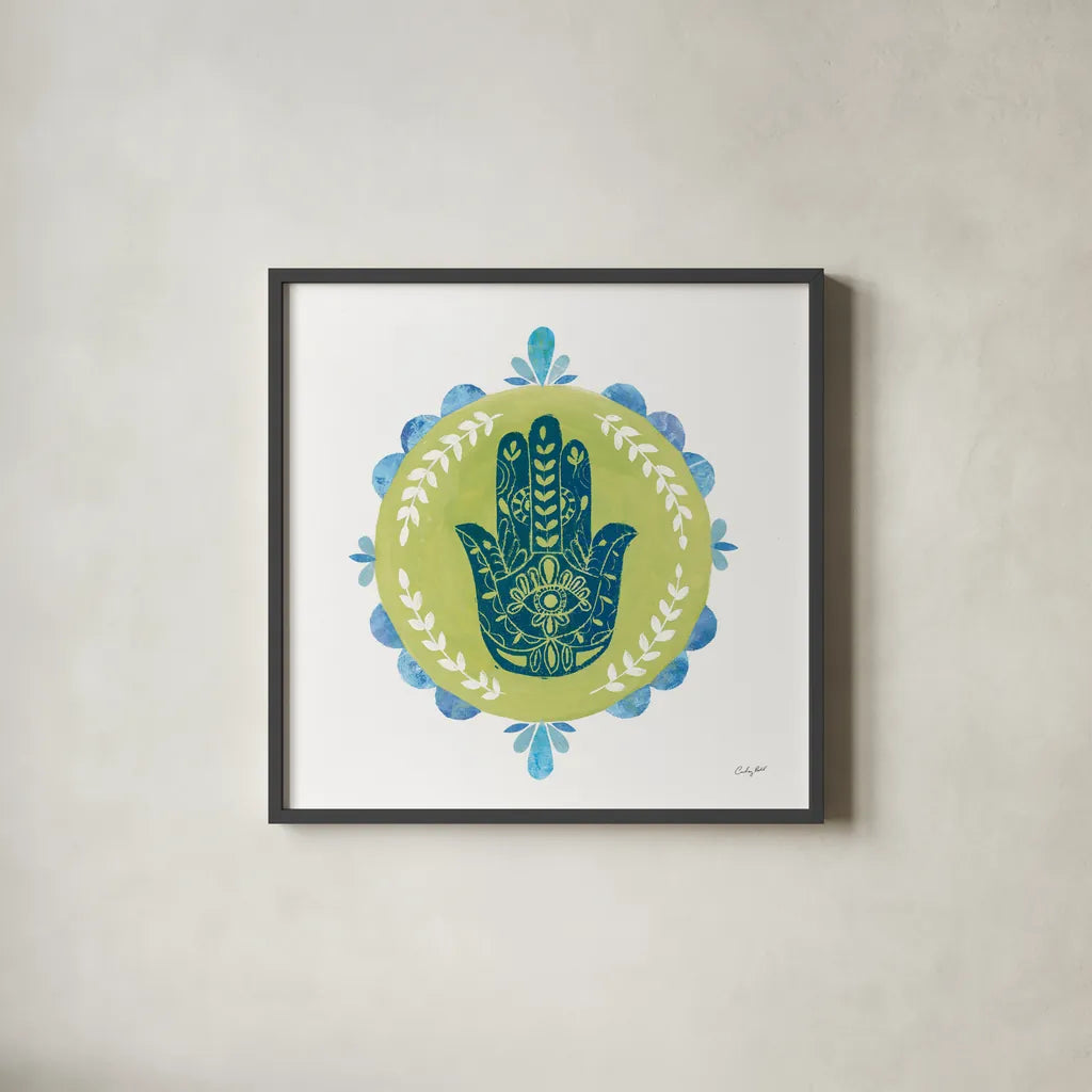 Hamsa Mandala II by Courtney Prahl. Shown in a sleek black glass frame for a contemporary gallery look. Available as an archival giclee rolled canvas, fine art paper, or poster print. SKU 76298a.