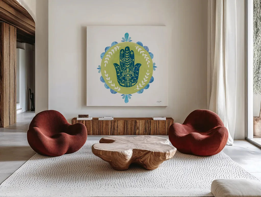 Hamsa Mandala II by Courtney Prahl. Shown as extra-large giant wall art in a modern living room. Available as an archival giclee rolled canvas, fine art paper, or poster print. SKU 76298a.