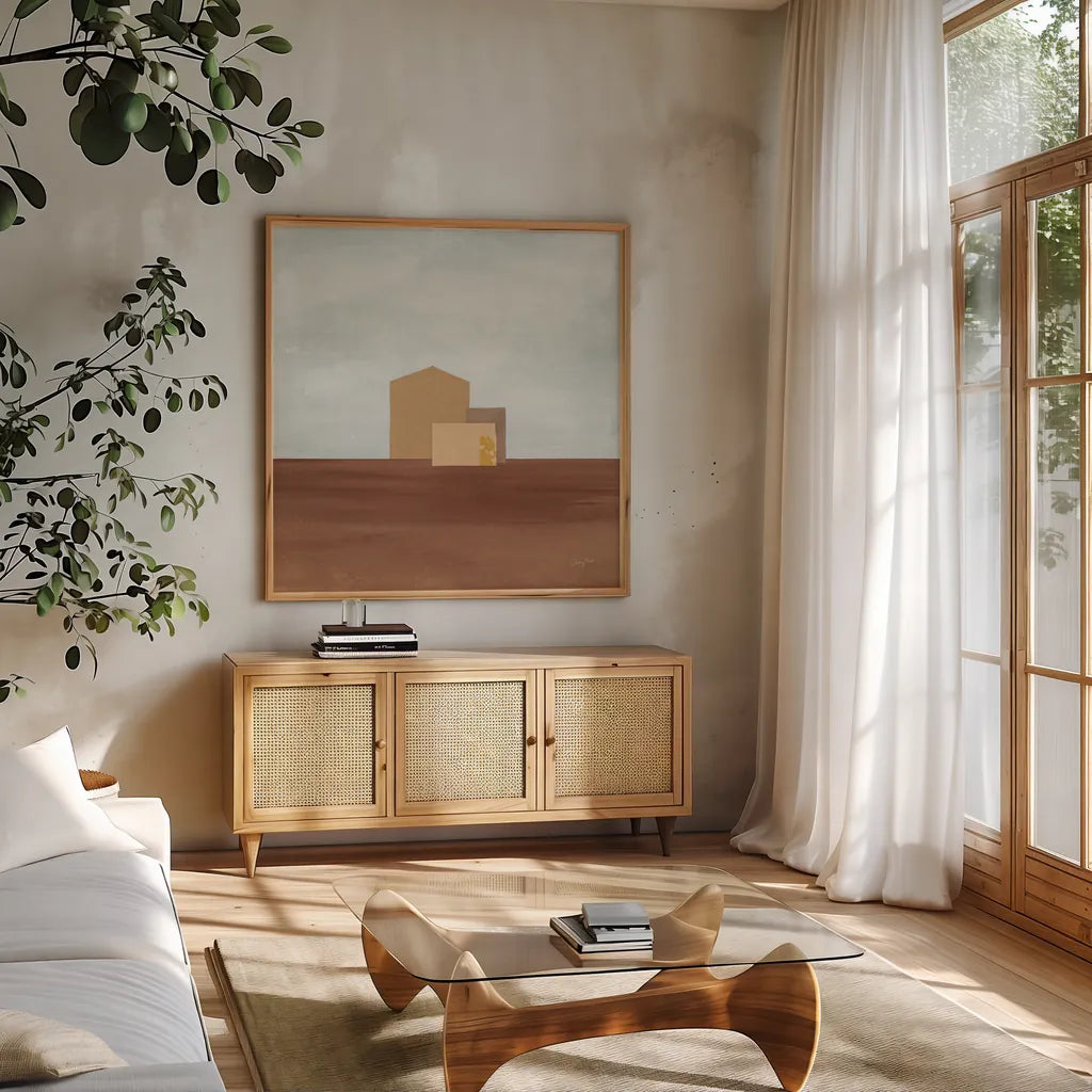 Homeward I by Courtney Prahl. Shown in a natural wood frame in a cozy modern living room. Available as an archival giclee rolled canvas, fine art paper, or poster print. SKU 74104a.