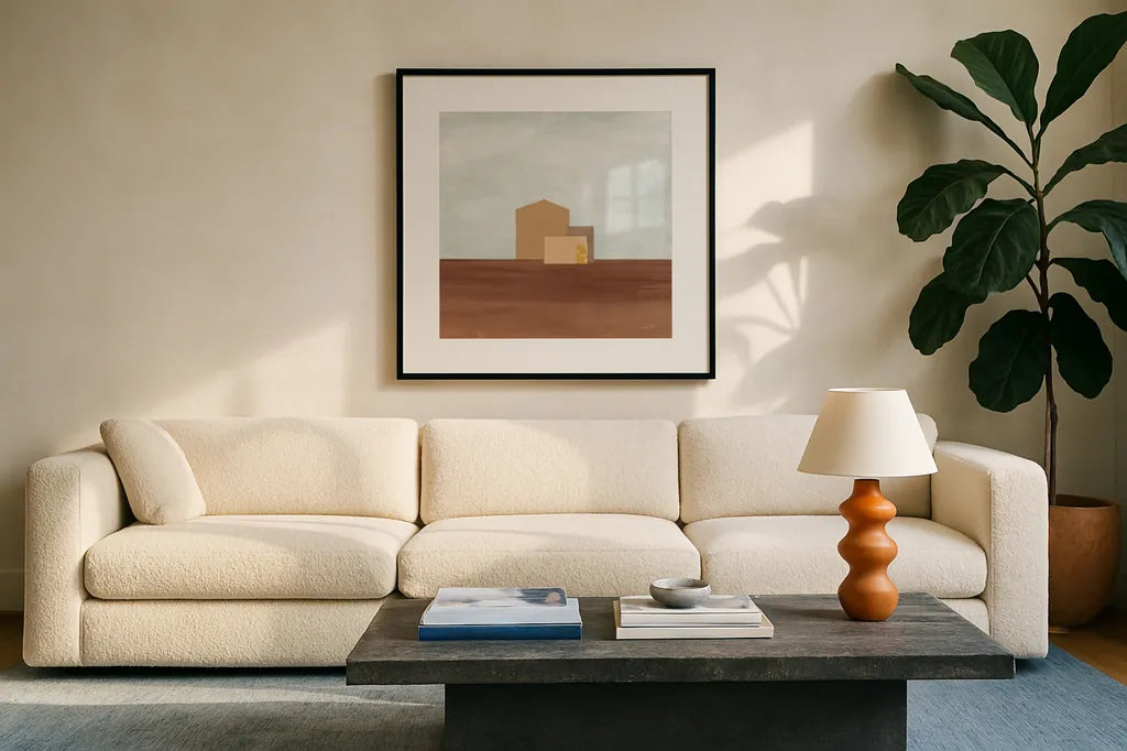 Homeward I by Courtney Prahl. Displayed in a glass frame with matte in a clean modern living room. Available as an archival giclee rolled canvas, fine art paper, or poster print. SKU 74104a.