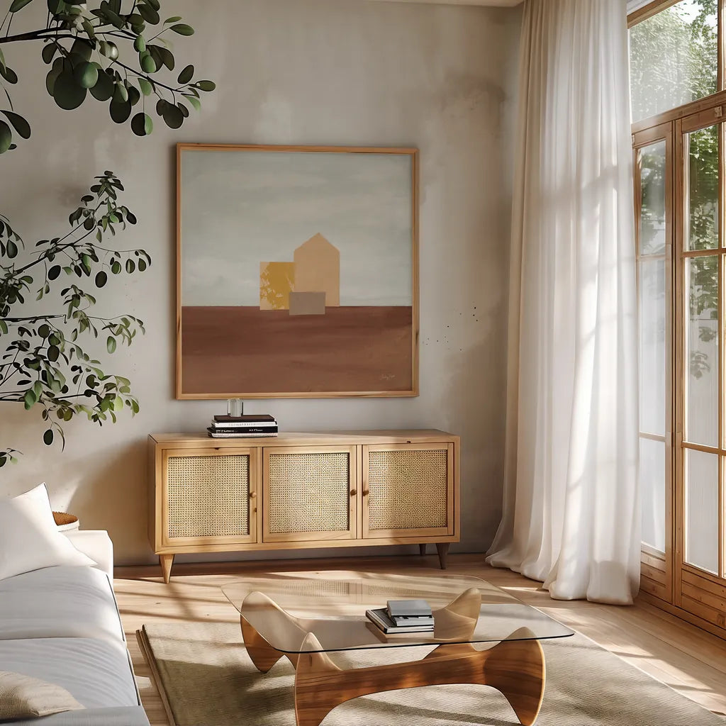 Homeward II by Courtney Prahl. Shown in a natural wood frame in a cozy modern living room. Available as an archival giclee rolled canvas, fine art paper, or poster print. SKU 74105a.