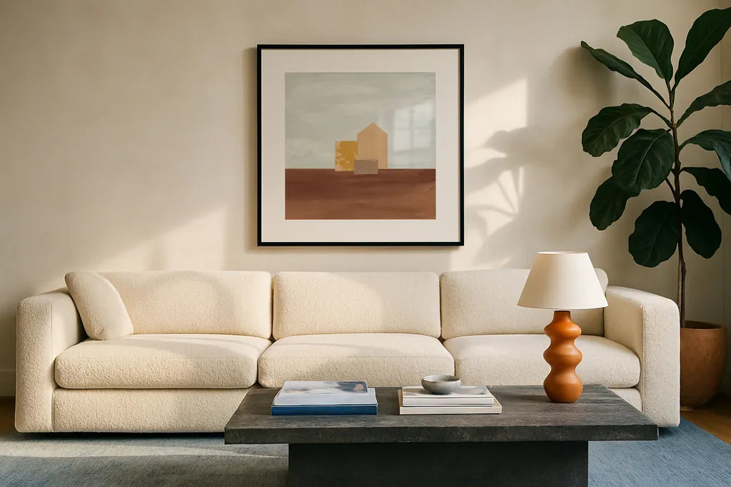 Homeward II by Courtney Prahl. Displayed in a glass frame with matte in a clean modern living room. Available as an archival giclee rolled canvas, fine art paper, or poster print. SKU 74105a.