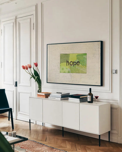 Hope Collage by Courtney Prahl. shown as a framed stretched canvas in a living room above a console. Available as a archival giclee rolled canvas, fine art paper, or poster print. SKU 52561i.