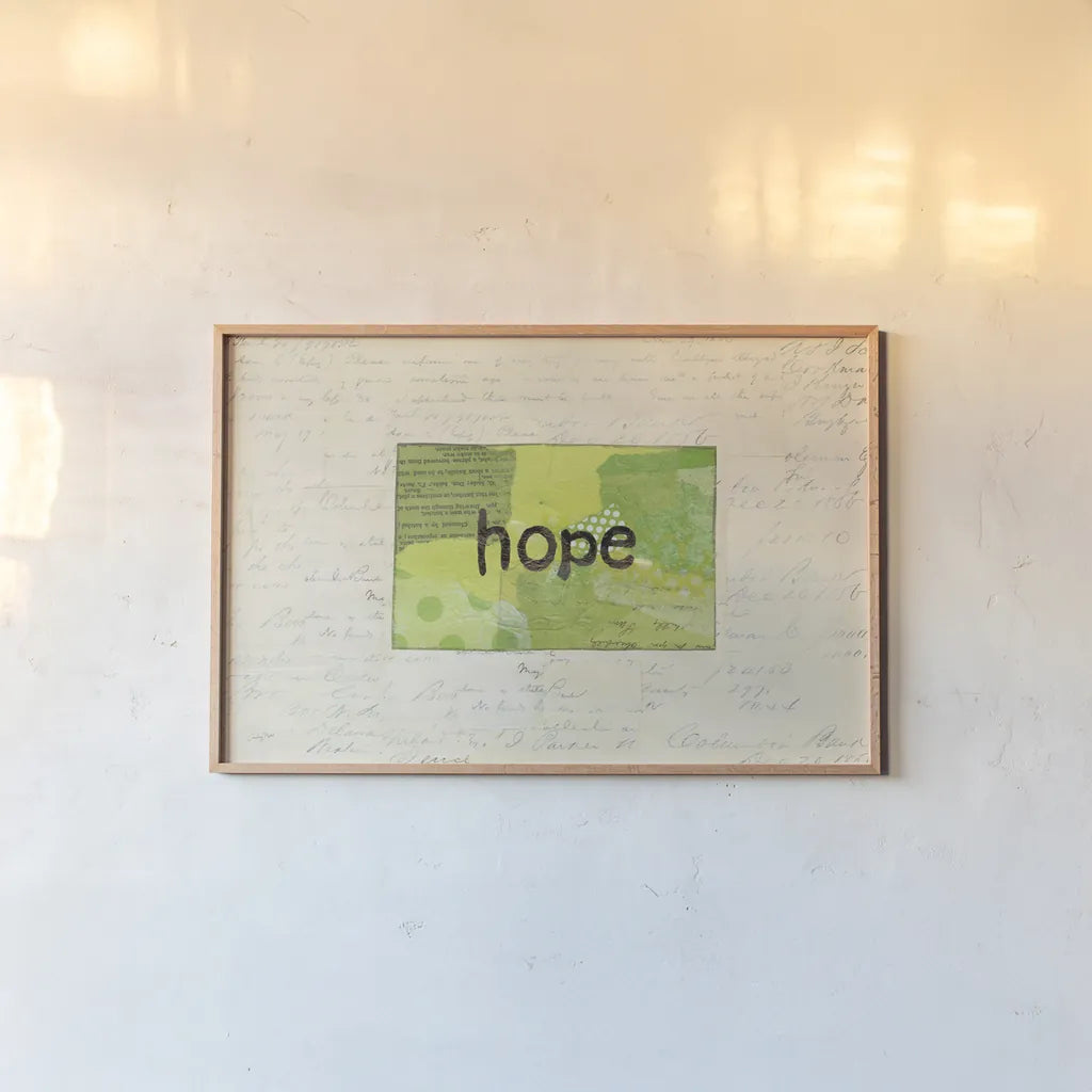Hope Collage by Courtney Prahl. shown as a paper print in a natural frame. Available as a archival giclee rolled canvas, fine art paper, or poster print. SKU 52561i.