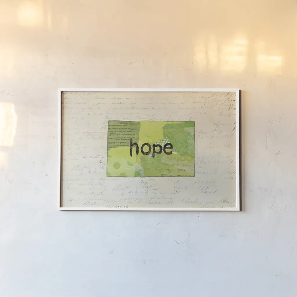 Hope Collage by Courtney Prahl. shown as a paper print in a white frame. Available as a archival giclee rolled canvas, fine art paper, or poster print. SKU 52561i.