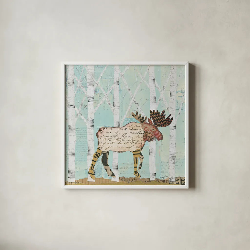 In the Forest I by Courtney Prahl. Shown in a crisp white glass frame for a clean and minimalist style. Available as an archival giclee rolled canvas, fine art paper, or poster print. SKU 22964a.