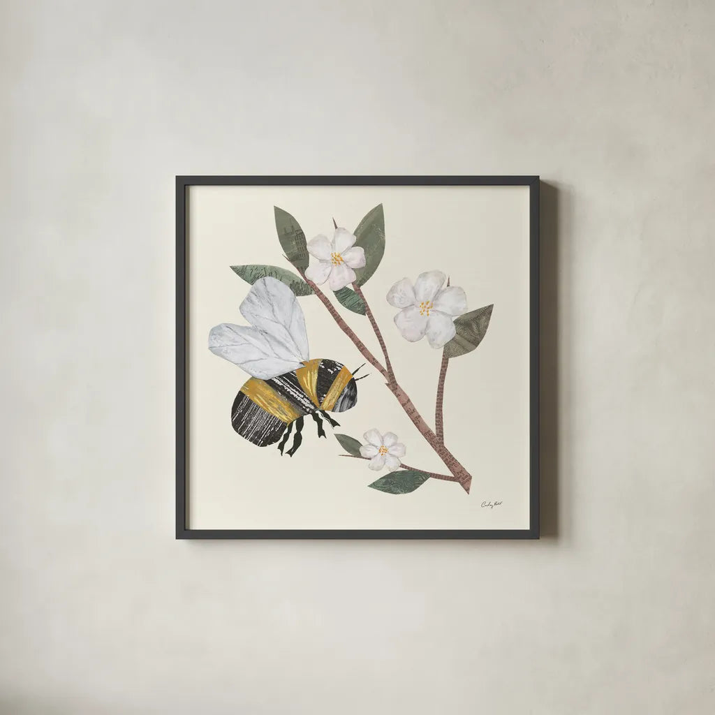 In the Garden Bee II by Courtney Prahl. Shown in a sleek black glass frame for a contemporary gallery look. Available as an archival giclee rolled canvas, fine art paper, or poster print. SKU 78281a.