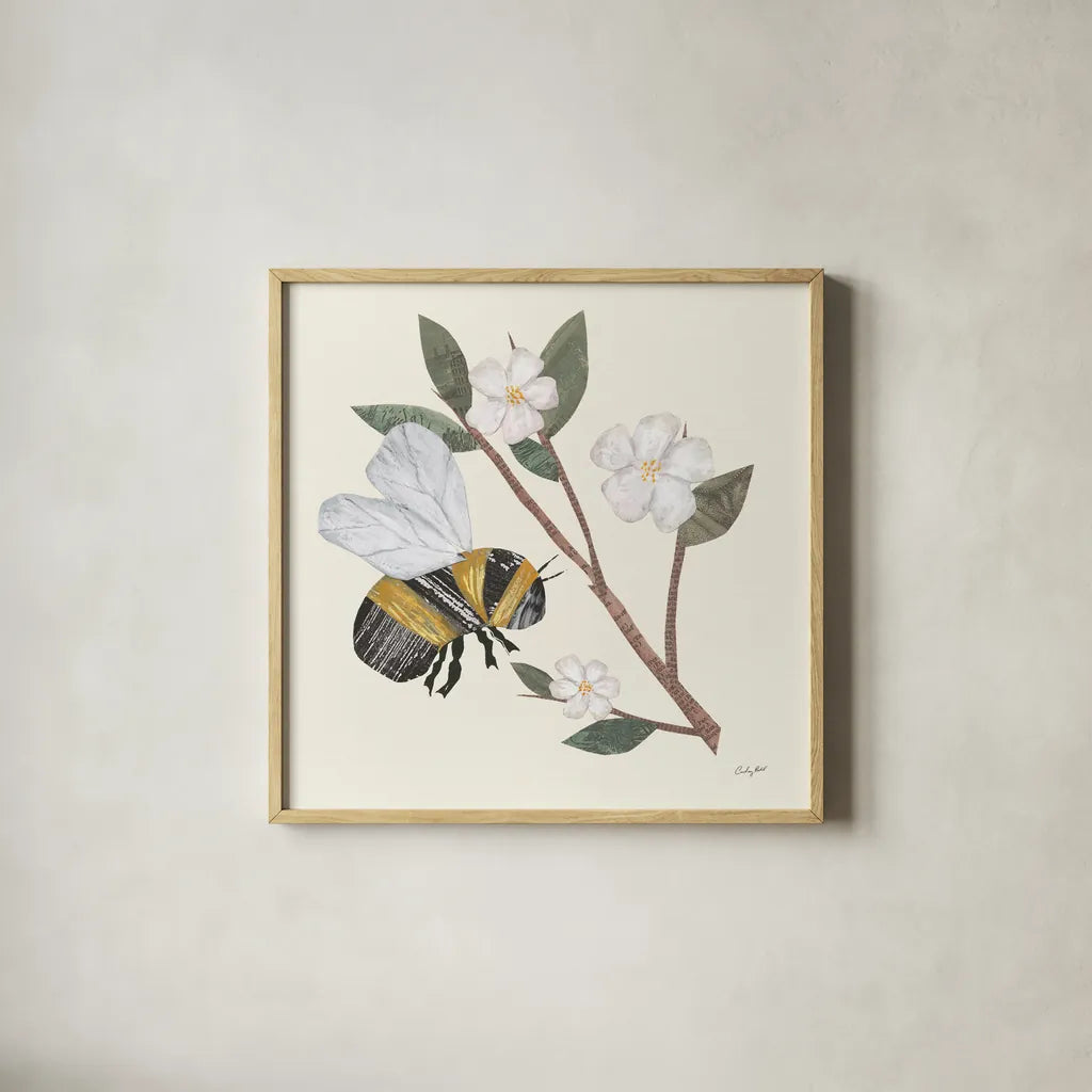 In the Garden Bee II by Courtney Prahl. Shown in a natural wood glass frame for a timeless modern aesthetic. Available as an archival giclee rolled canvas, fine art paper, or poster print. SKU 78281a.