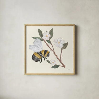 In the Garden Bee II by Courtney Prahl. Shown in a natural wood glass frame for a timeless modern aesthetic. Available as an archival giclee rolled canvas, fine art paper, or poster print. SKU 78281a.