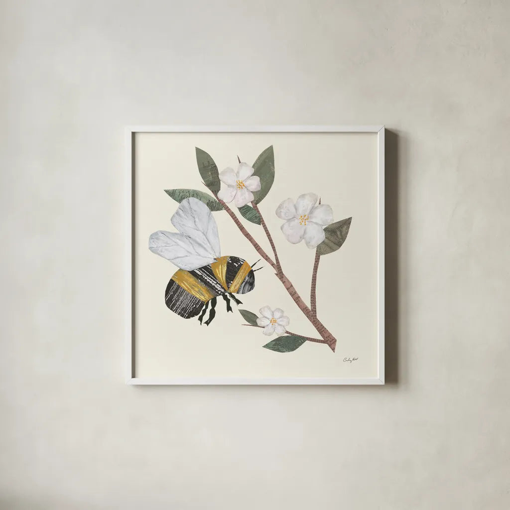 In the Garden Bee II by Courtney Prahl. Shown in a crisp white glass frame for a clean and minimalist style. Available as an archival giclee rolled canvas, fine art paper, or poster print. SKU 78281a.