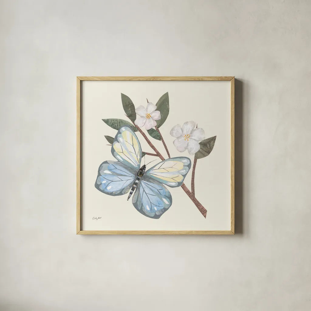 In the Garden Butterfly by Courtney Prahl. Shown in a natural wood glass frame for a timeless modern aesthetic. Available as an archival giclee rolled canvas, fine art paper, or poster print. SKU 68237a.