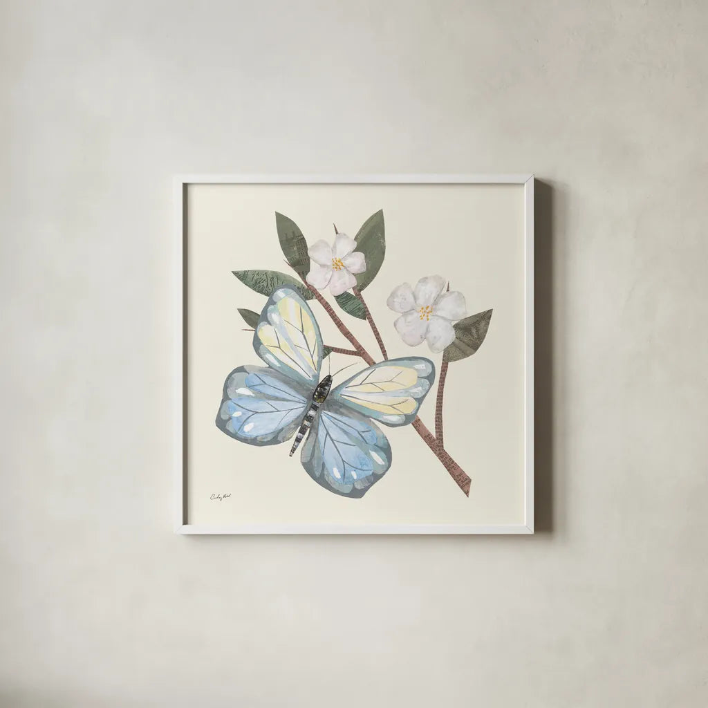 In the Garden Butterfly by Courtney Prahl. Shown in a crisp white glass frame for a clean and minimalist style. Available as an archival giclee rolled canvas, fine art paper, or poster print. SKU 68237a.