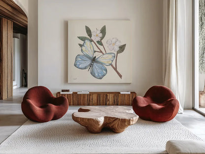 In the Garden Butterfly by Courtney Prahl. Shown as extra-large giant wall art in a modern living room. Available as an archival giclee rolled canvas, fine art paper, or poster print. SKU 68237a.