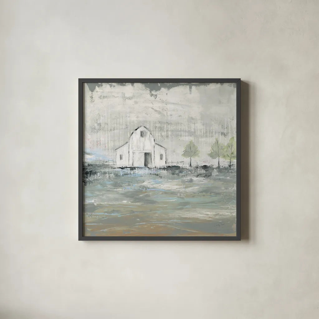Iowa Barn I by Courtney Prahl. Shown in a sleek black glass frame for a contemporary gallery look. Available as an archival giclee rolled canvas, fine art paper, or poster print. SKU 61961a.
