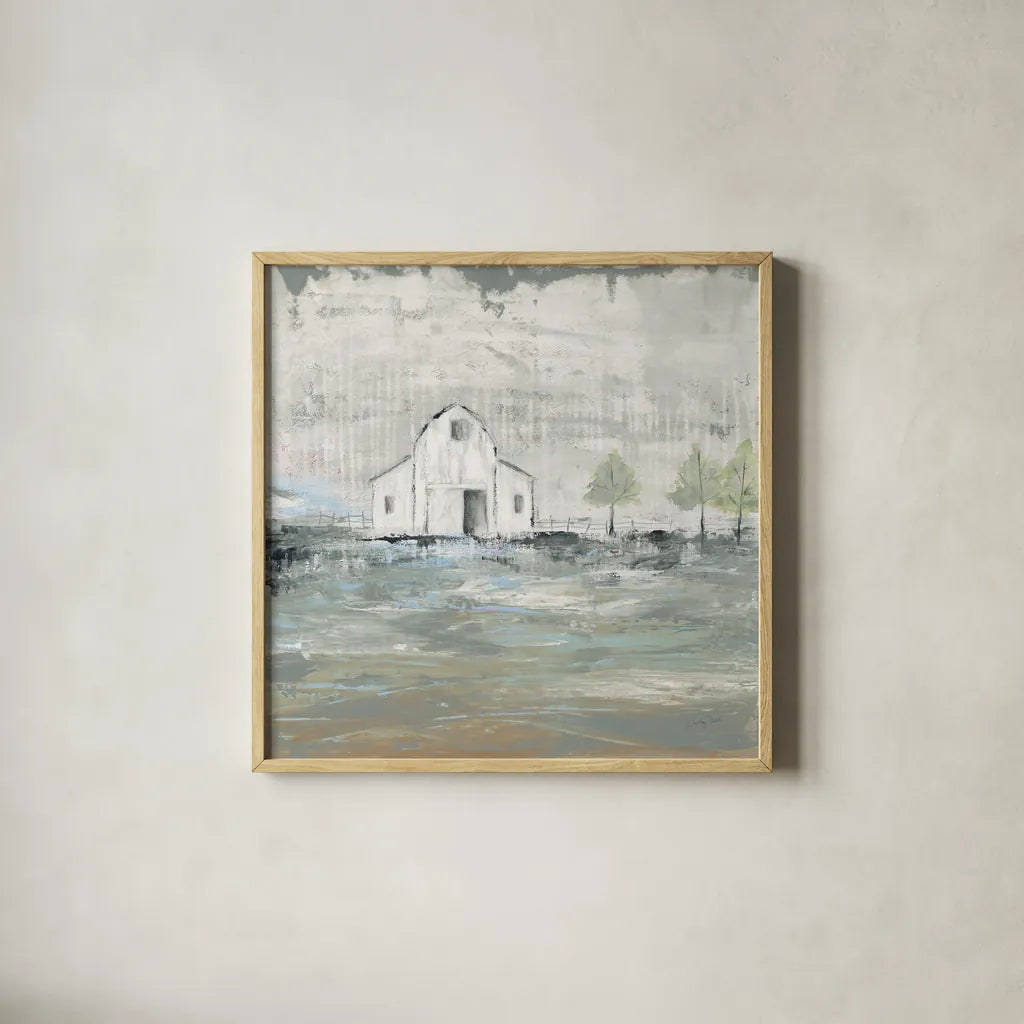 Iowa Barn I by Courtney Prahl. Shown in a natural wood glass frame for a timeless modern aesthetic. Available as an archival giclee rolled canvas, fine art paper, or poster print. SKU 61961a.