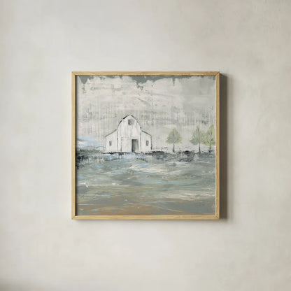 Iowa Barn I by Courtney Prahl. Shown in a natural wood glass frame for a timeless modern aesthetic. Available as an archival giclee rolled canvas, fine art paper, or poster print. SKU 61961a.