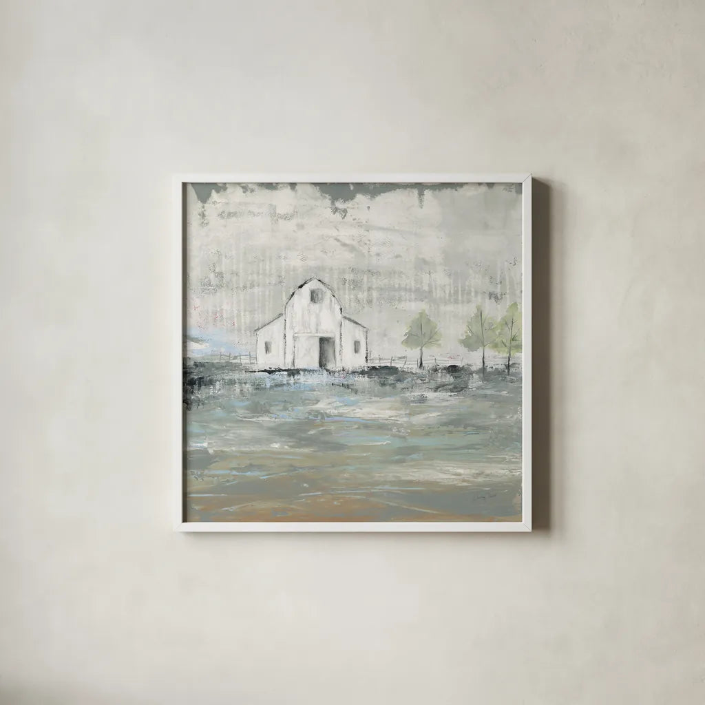 Iowa Barn I by Courtney Prahl. Shown in a crisp white glass frame for a clean and minimalist style. Available as an archival giclee rolled canvas, fine art paper, or poster print. SKU 61961a.
