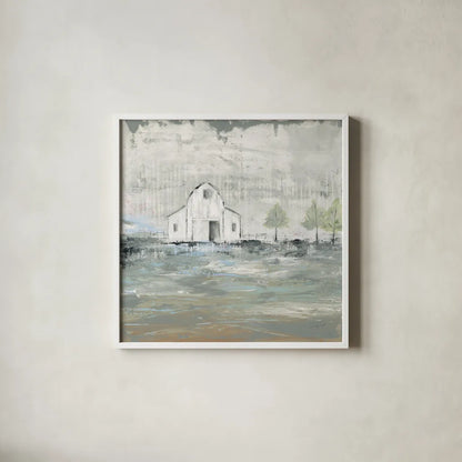 Iowa Barn I by Courtney Prahl. Shown in a crisp white glass frame for a clean and minimalist style. Available as an archival giclee rolled canvas, fine art paper, or poster print. SKU 61961a.