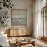 Iowa Barn I by Courtney Prahl. Shown in a natural wood frame in a cozy modern living room. Available as an archival giclee rolled canvas, fine art paper, or poster print. SKU 61961a.