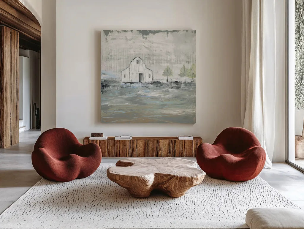 Iowa Barn I by Courtney Prahl. Shown as extra-large giant wall art in a modern living room. Available as an archival giclee rolled canvas, fine art paper, or poster print. SKU 61961a.
